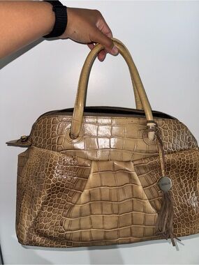 Furla Tan Croc-Embossed Leather Satchel with Tassel Charm